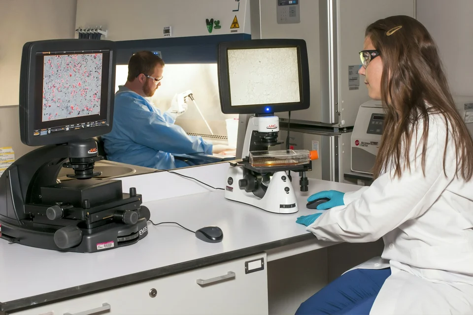Laboratory staff working with a microscope and other instruments