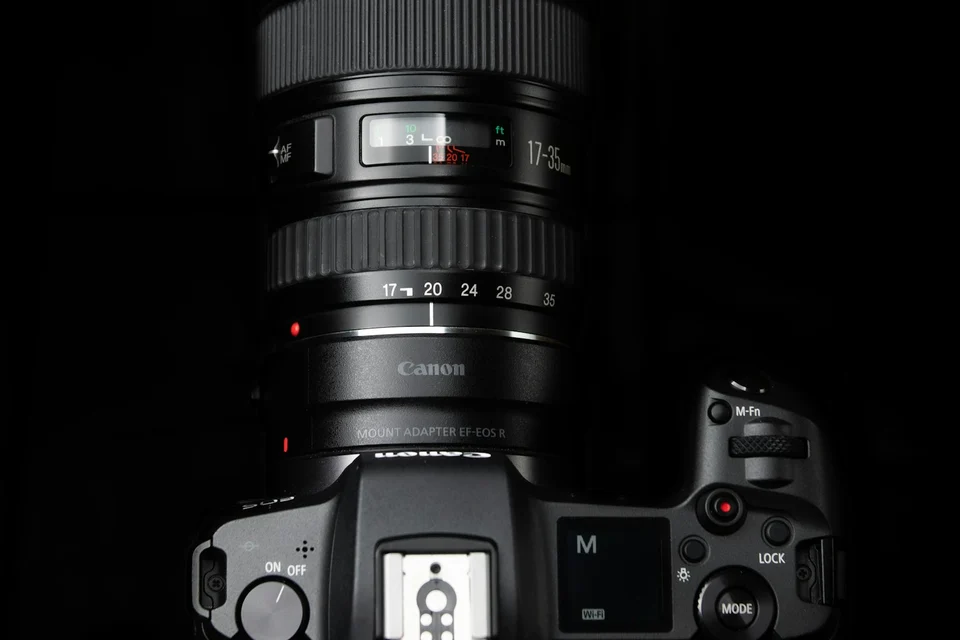 A close view of a camera body and lens