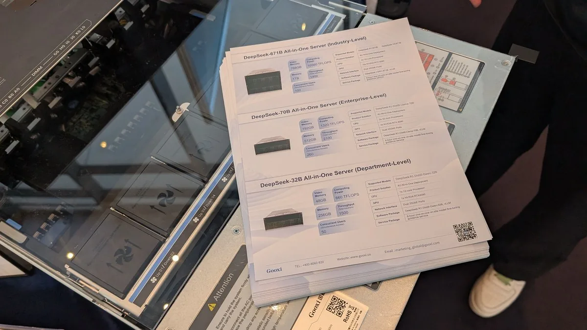 Product sheets for servers built to run DeepSeek models, on a server at a trade show